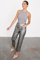 Thumbnail for caption_Model wears Gunmetal Vegan Leather Trousers in UK size 10/ US 6