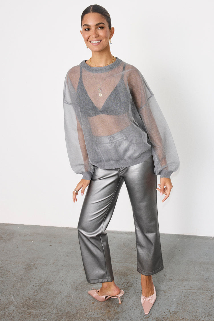 caption_Model wears Gunmetal Vegan Leather Trousers in UK size 10/ US 6