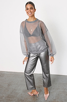 Thumbnail for caption_Model wears Gunmetal Vegan Leather Trousers in UK size 10/ US 6