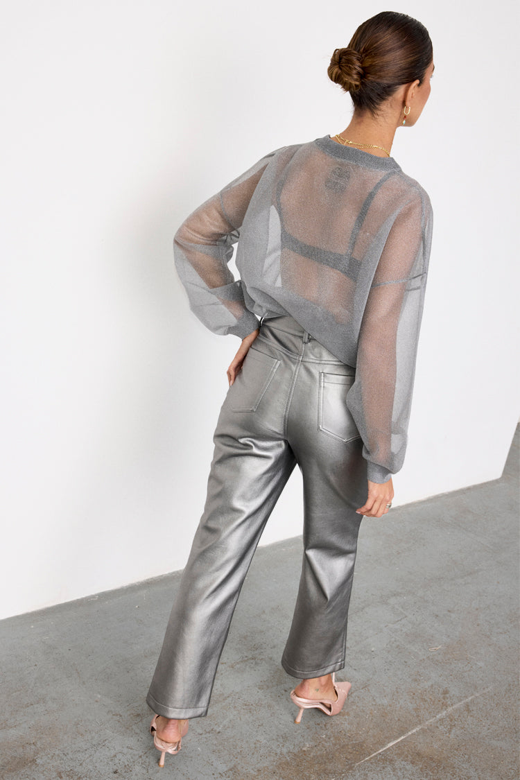 caption_Model wears Gunmetal Vegan Leather Trousers in UK size 10/ US 6