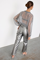 Thumbnail for caption_Model wears Gunmetal Vegan Leather Trousers in UK size 10/ US 6