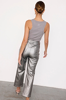 Thumbnail for caption_Model wears Gunmetal Vegan Leather Trousers in UK size 10/ US 6