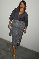 Thumbnail for caption_Model wears Gunmetal Sequin Jaspre Midi Skirt  in UK size 18/ US 4