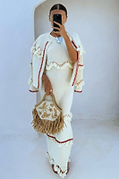 Thumbnail for caption_Model wears Ivory and Red Harper Cardigan in size S