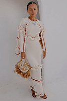 Thumbnail for caption_Model wears Ivory and Red Harper Cardigan in size S