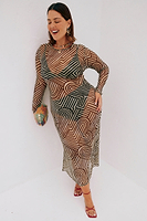 Thumbnail for caption_Model wears Khaki Geo Mesh Dress in UK size 18/ US 14