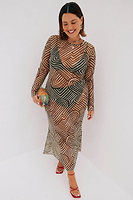 Thumbnail for caption_Model wears Khaki Geo Mesh Dress in UK size 18/ US 14