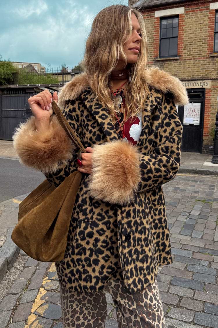 Street Style Leopard Coatigan Leopard Coat With Faux Fur Trims
