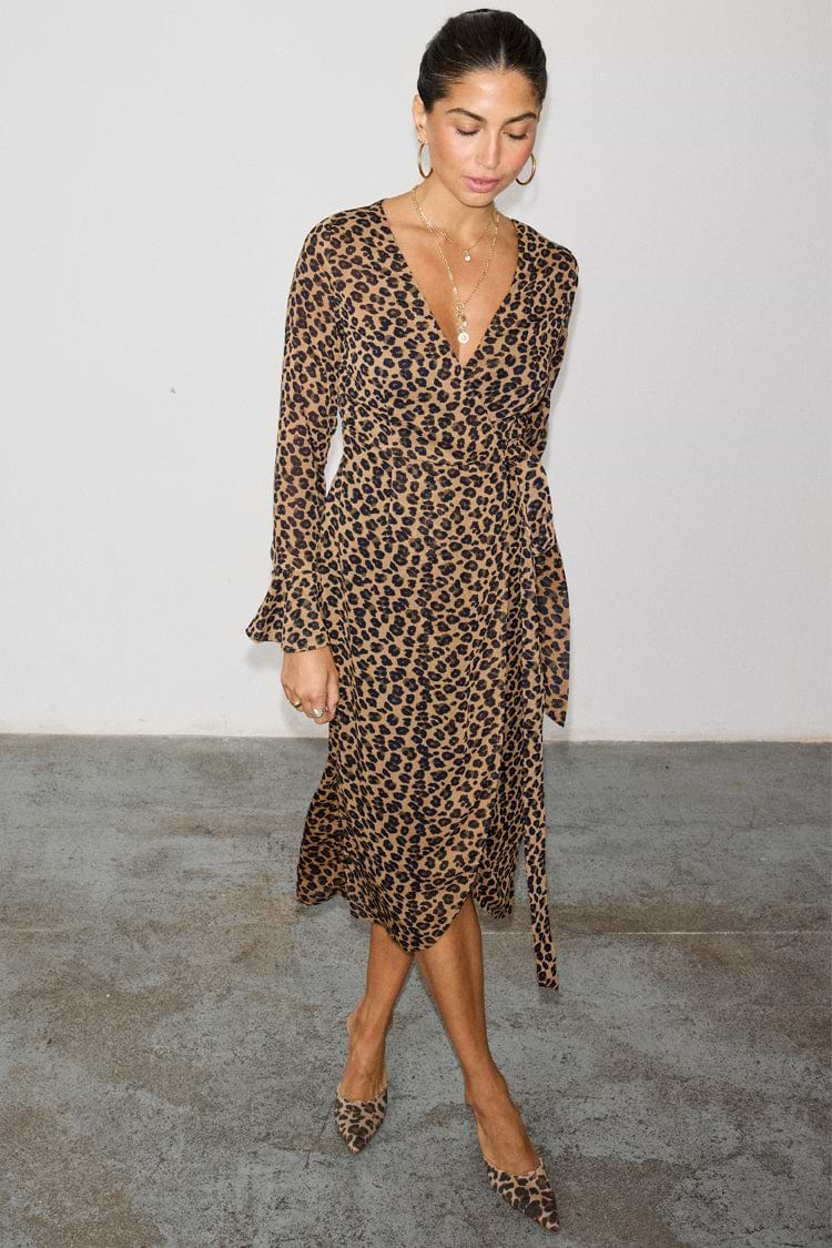 caption_Model wears  Leopard Lucia Sheer Wrap Dress in UK size 10/ US 6