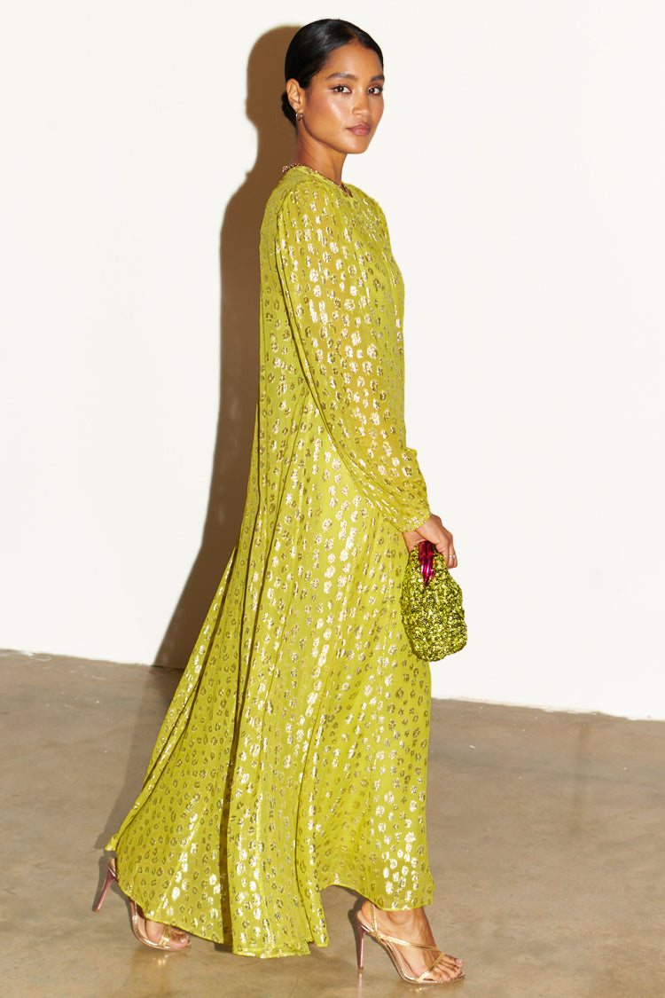 Model wearing Lime Animal Jacquard Long Sleeve Bibi Dress