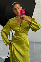 Thumbnail for caption_Model wears Lime Hearts Vienna Wrap Dress in UK size 10/ US 6