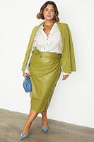 Thumbnail for caption_Model wears  Lime Vegan Leather Jaspre Skirt in UK size 18/ US 14