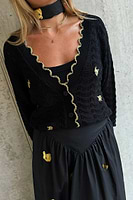 Thumbnail for caption_Model wears Black Pointelle Knit Cardigan With Gold Fish in UK size 10/ US 6