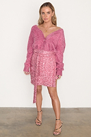 Thumbnail for caption_Model wears Pink Metallic Cardigan in size M