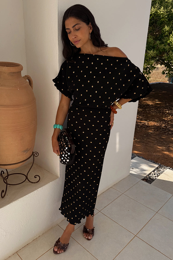 Black Tilly Plisse Dress with Gold Fleck