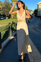 Thumbnail for  caption_Model wears Stone Linen Mimi Dress in UK size 10/ US 6