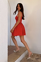 Thumbnail for caption_Model wears Red Broderie Mini Lola Dress in UK size 10/ US 6