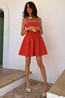 Thumbnail for caption_Model wears Red Broderie Mini Lola Dress in UK size 10/ US 6