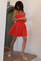Thumbnail for caption_Model wears Red Broderie Mini Lola Dress in UK size 10/ US 6