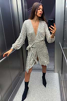 Thumbnail for caption_Model wears Silver Sequin Mini Vienna Wrap Dress  in UK size 8/ US 4