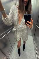 Thumbnail for caption_Model wears Silver Sequin Mini Vienna Wrap Dress  in UK size 8/ US 4