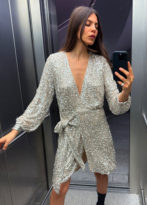 Silver Sequin Mini Vienna Wrap Dress