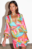 Thumbnail for caption_Model wears Multi Abstract Vienna Mini Wrap Dress in UK size 10/ US 6