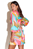 Thumbnail for caption_Model wears Multi Abstract Vienna Mini Wrap Dress in UK size 10/ US 6