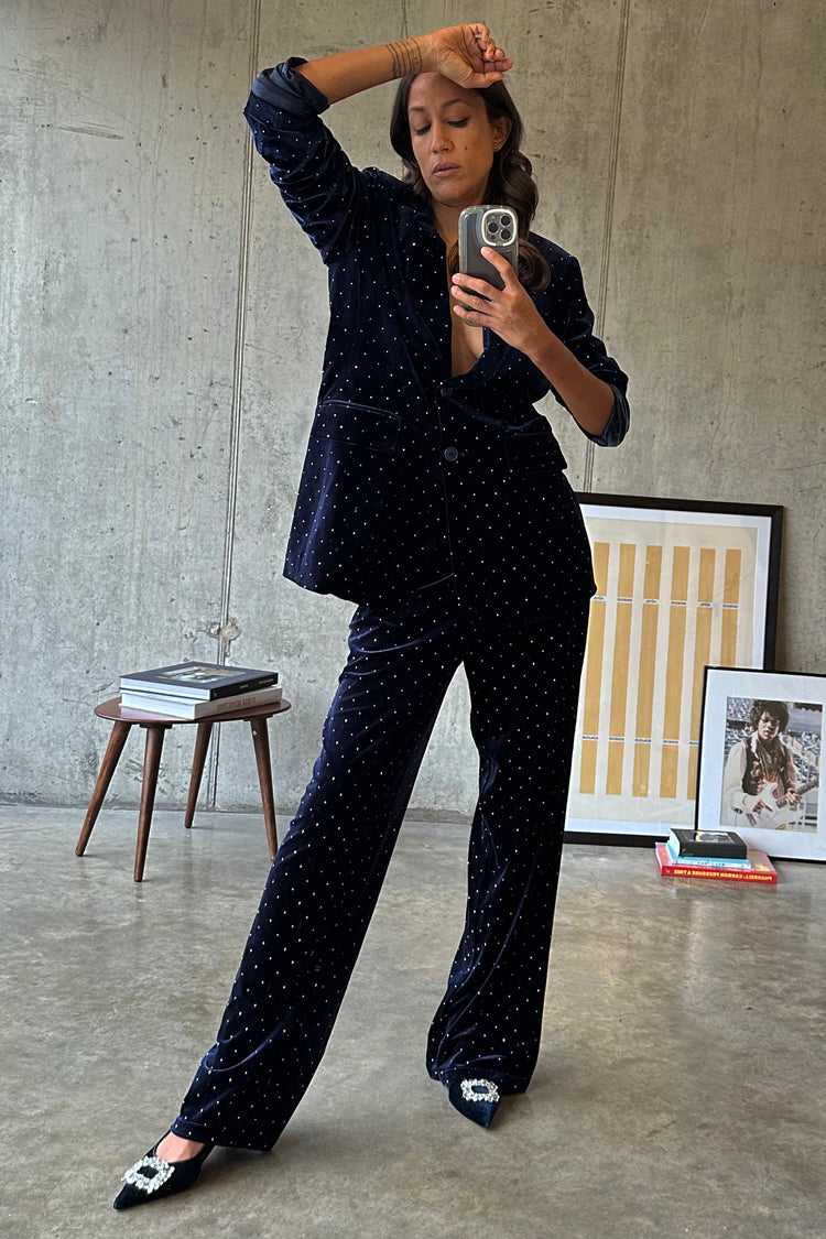 caption_Model wears Navy Velvet Hot Fix Arden Trousers  in UK size 8/ US 4