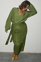 Thumbnail for caption_Model wears Khaki Sequin Jaspre Skirt in UK size 18/ US 14