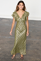 Thumbnail for caption_Model wears Olive Jacquard Tilda Dress in UK size 10/ US 6