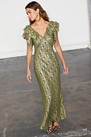 Thumbnail for caption_Model wears Olive Jacquard Tilda Dress in UK size 10/ US 6