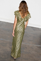 Thumbnail for caption_Model wears Olive Jacquard Tilda Dress in UK size 10/ US 6