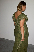 Thumbnail for caption_Model wears Olive Jacquard Tilda Dress in UK size 18/ US 14