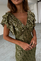 Thumbnail for caption_Model wears Olive Jacquard Tilda Dress in UK size 10/ US 6