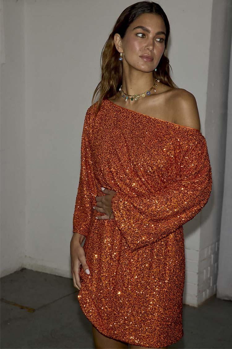 caption_Model wears Rust Sequin Tilly Dress in UK size 8/ US 4