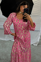 Thumbnail for caption_Model wears Pink Jacquard Harmony Dress in UK size 8/ US 4