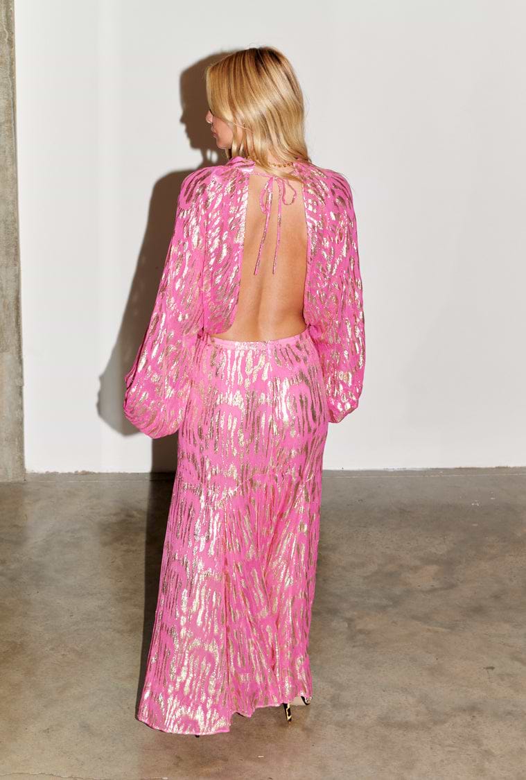 Model wearing Pink Viscose Jacquard Libby Top back view