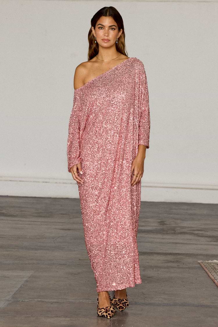 caption_Model wears Pink Sequin Jem Dress in UK size 10/ US 6