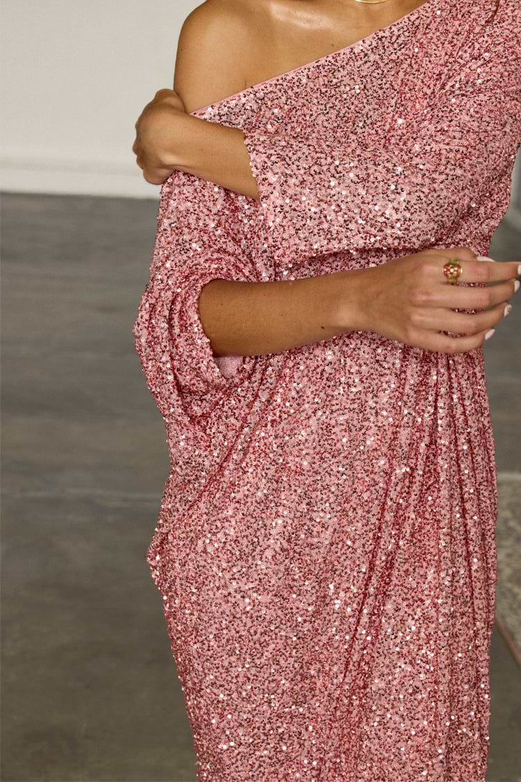 caption_Model wears Pink Sequin Jem Dress in UK size 10/ US 6