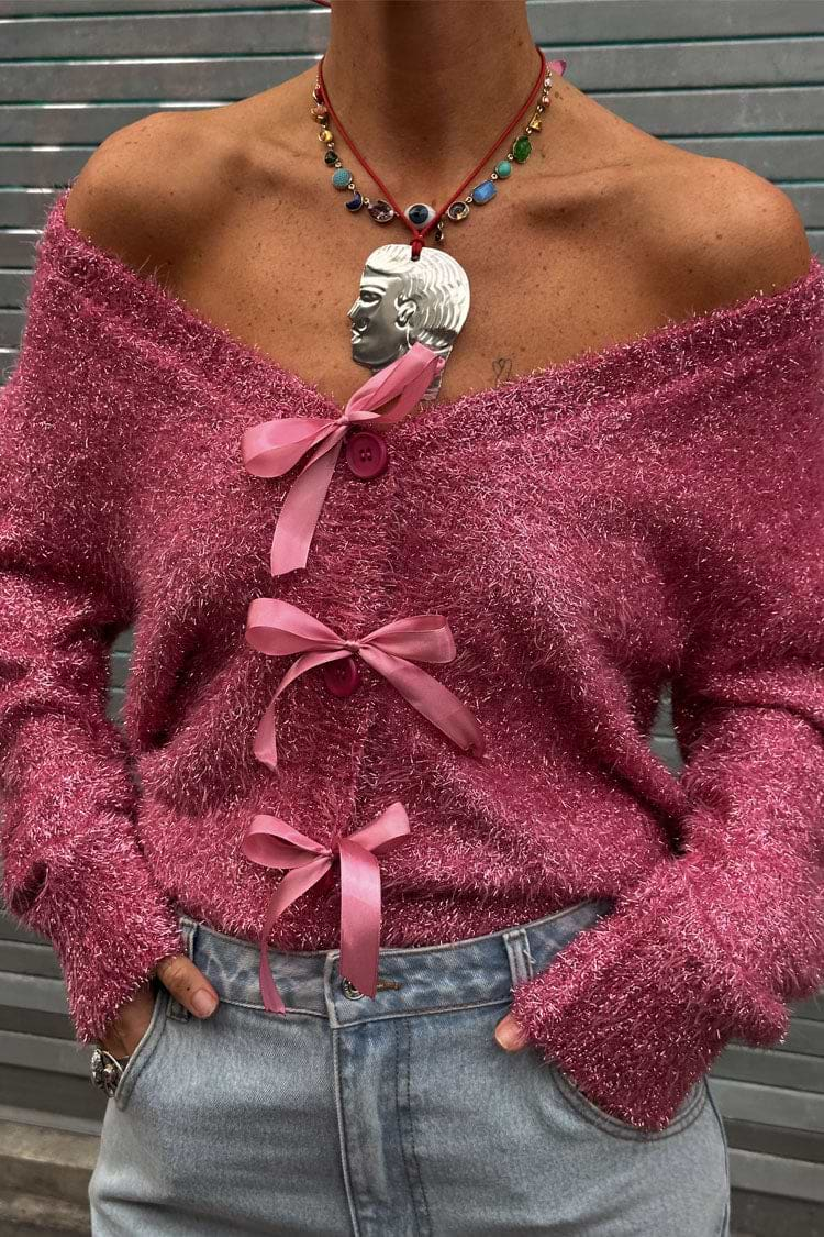 Pink Metallic Knit Cardigan