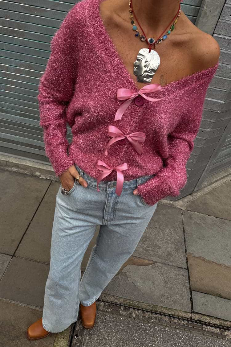 Pink Metallic Knit Cardigan