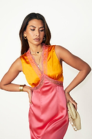 Thumbnail for caption_Model wears Orange and Pink Sleeveless May Dress in UK size 10/ US 6
