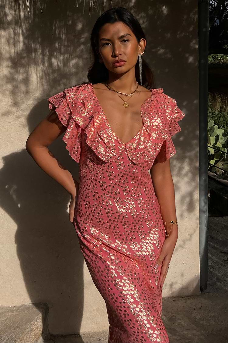 caption_Model wears Pink Jacquard Tilda Dress in UK size 10/ US 6