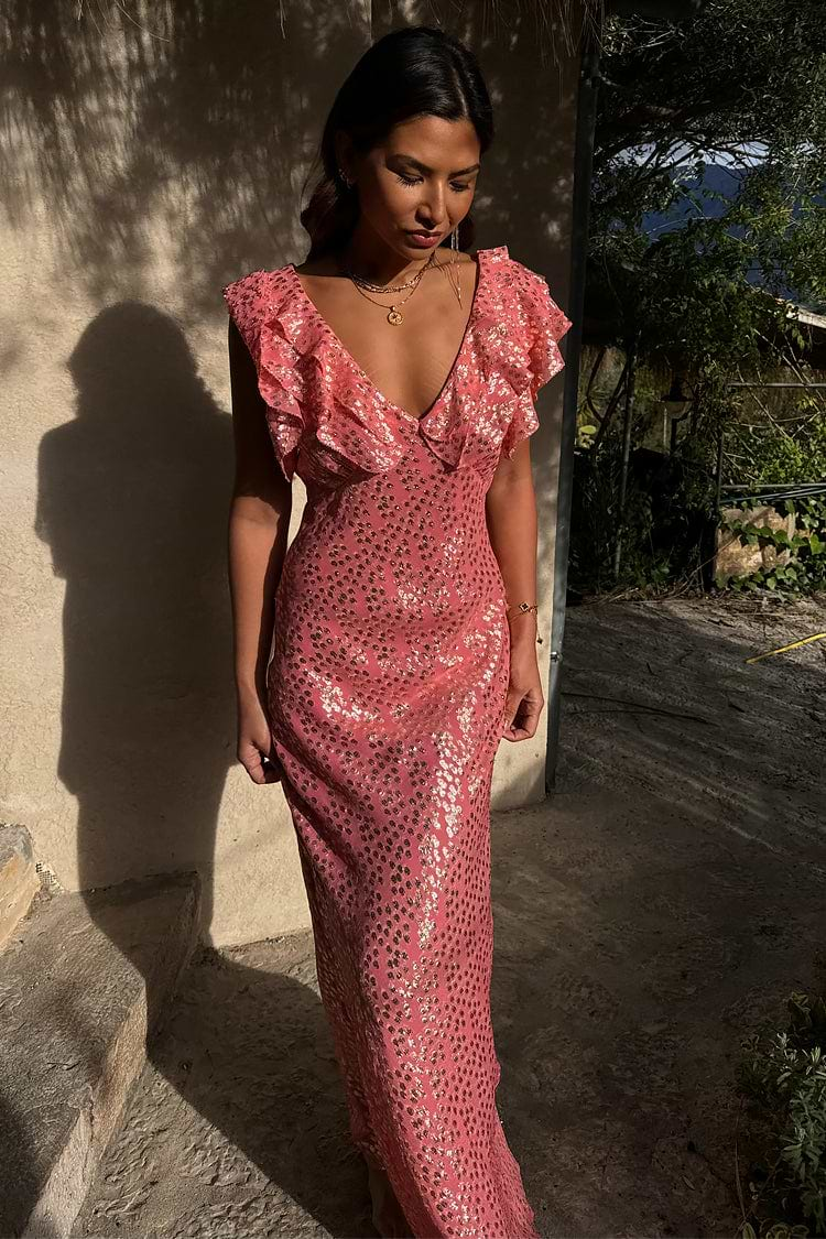 caption_Model wears Pink Jacquard Tilda Dress in UK size 10/ US 6