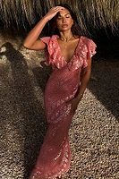 Thumbnail for caption_Model wears Pink Jacquard Tilda Dress in UK size 10/ US 6