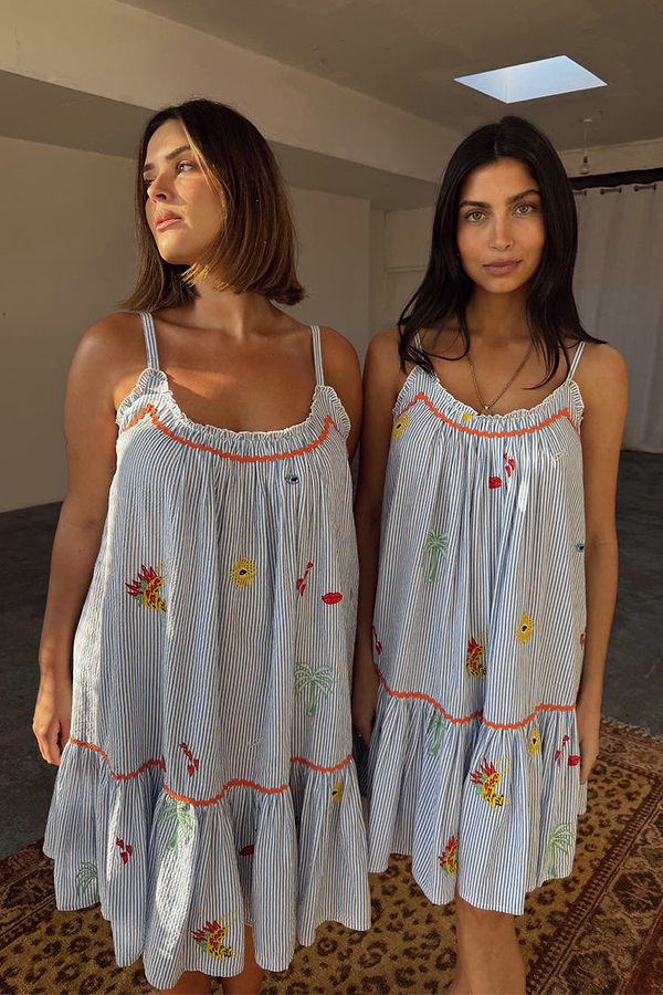Blue Embroidered Stripe Slip Dress
