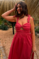 Thumbnail for caption_Model wears Red Elspeth Dress in UK size 16/ US 12