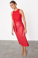 Thumbnail for Deep Red Vegan Leather Jaspre Skirt Petite