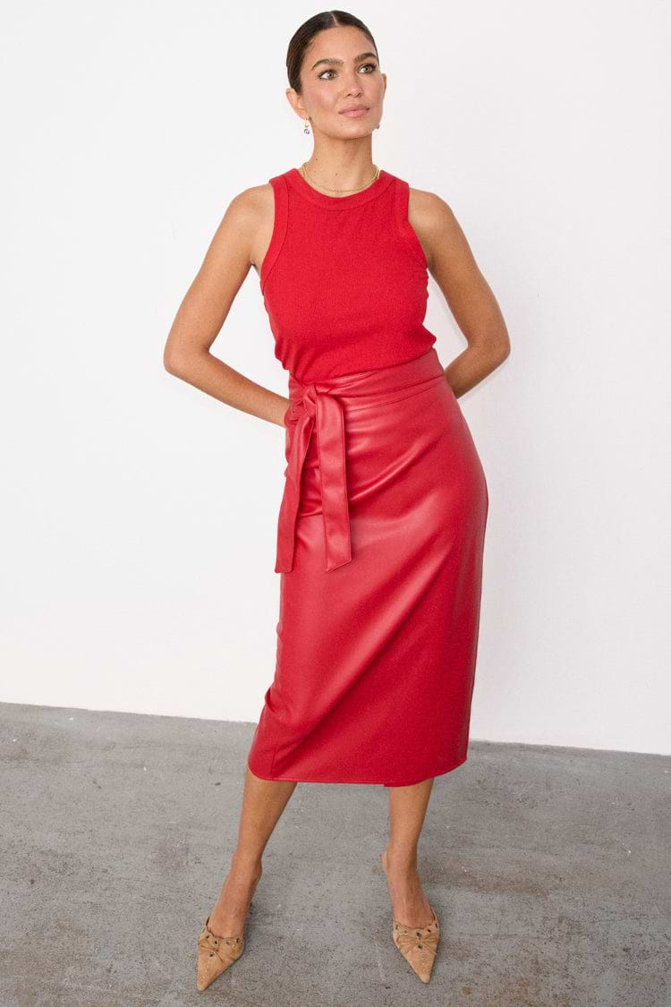 Deep Red Vegan Leather Jaspre Skirt Petite